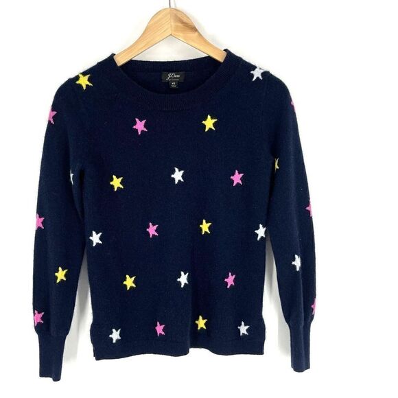 J Crew Sweater Size XS Womens Navy Pink Cashmere Star Crew Neck Knit Pullover - Picture 1 of 9